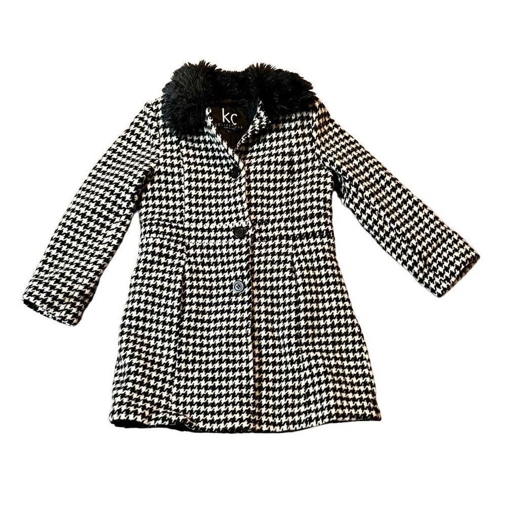 KC Collections Junior’s Large Houndstooth Black White Peacoat Faux Fur Collar